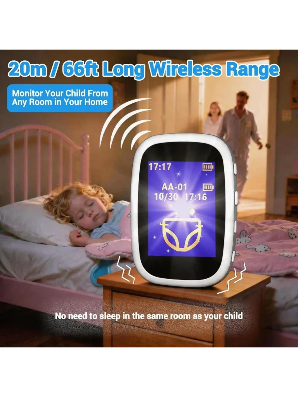 Rechargeable Wireless Bedwetting Alarm for Kids - High Sensitivity, Triple Alert